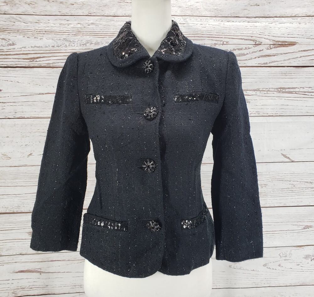 Bloomingdale's Women's Black Tweed Metallic Sequin Blazer Jacket Size 2P